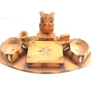 Vintage 1950s German Hand Carved Wooden Smoking Stand With Owl #A030